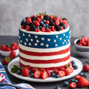 Elegant Patriotic Flag Cake decorated with fresh strawberries, blueberries, raspberries, and blackberries, perfect for Fourth of July celebrations. This layered cake features red, white, and blue designs and is showcased on Satisfy Your Cravings food blog. Get the full recipe at Satisfyyourcravings.com.