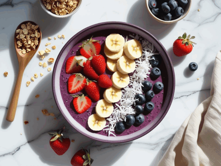 Flat lay of an acai bowl with rows of strawberries, bananas, blueberries, and shredded coconut