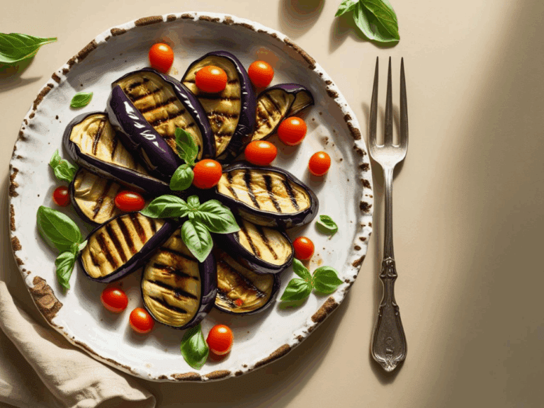 Artistic floral arrangement of grilled eggplant slices topped with basil and surrounded by cherry tomatoes on a speckled white plate.