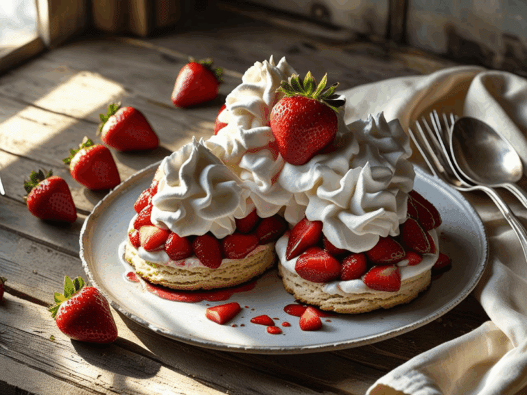 Rustic strawberry shortcakes with whipped cream on a wooden table in natural light.
