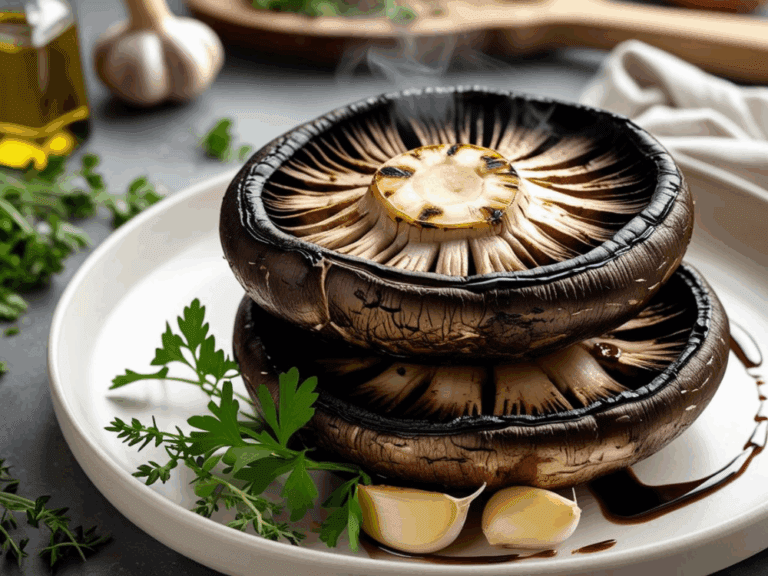 Two grilled portobello mushrooms stacked on a plate with garlic cloves, parsley, and grill marks
