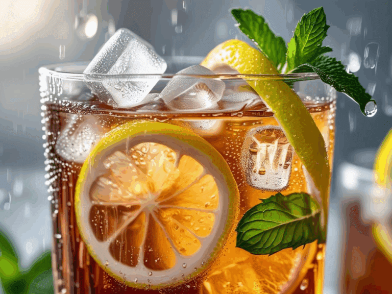 Close-up of iced tea glass with lemon, mint, and condensation on the glass, backlit for a glowing effect