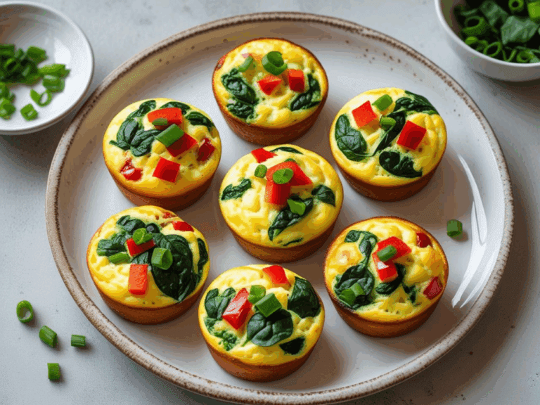 A batch of egg muffins with leafy greens and red bell peppers arranged neatly on a ceramic dish.