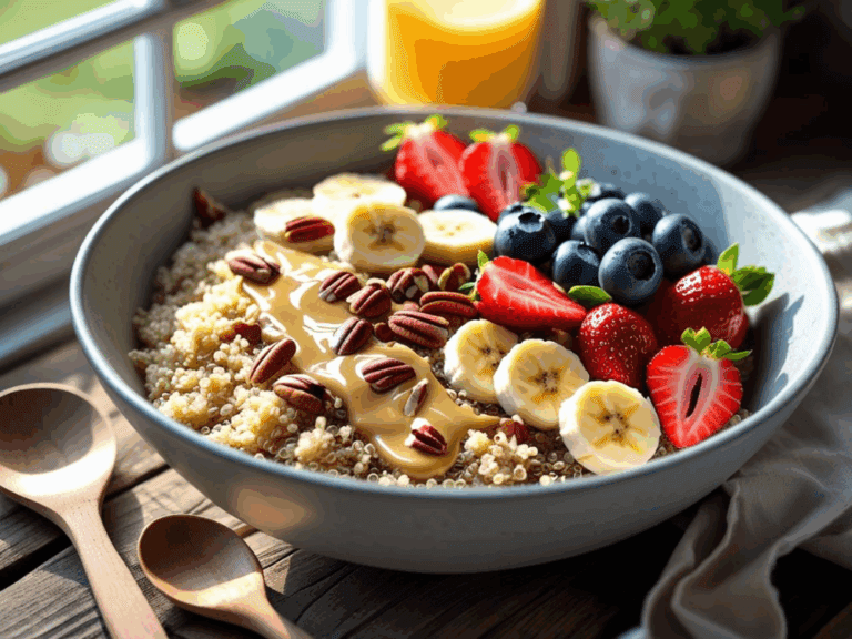 Quinoa breakfast bowl with peanut butter drizzle, banana, berries, and pecans on a wooden table