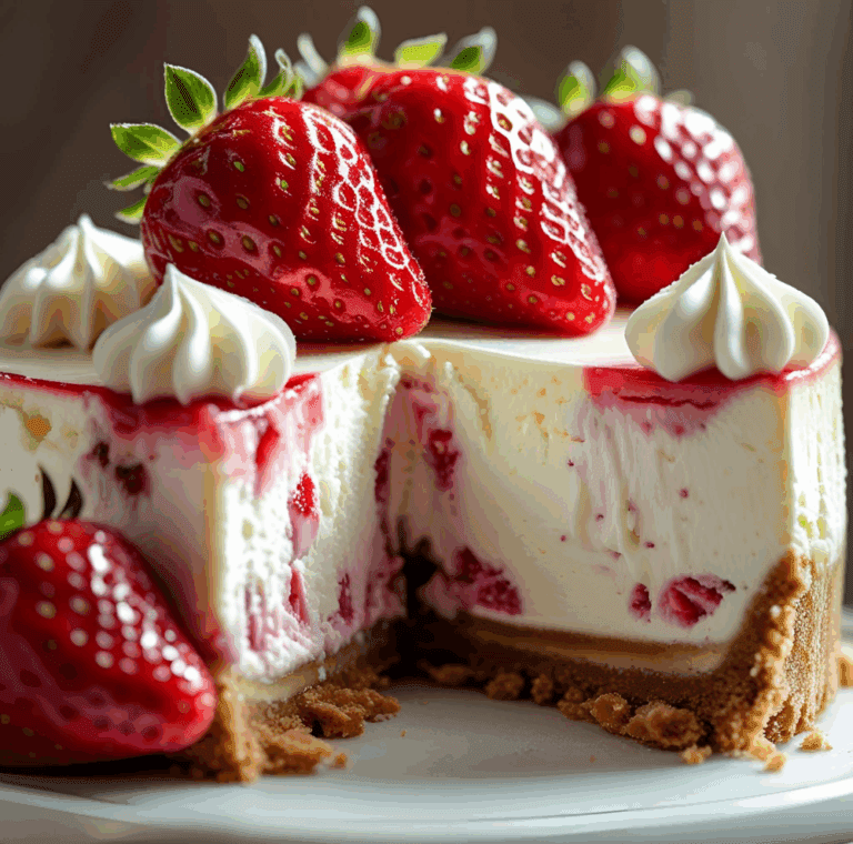 Whole strawberry cheesecake with strawberry chunks and whipped cream dollops.