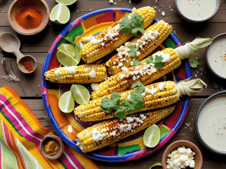 Elotes served on a painted platter with crema, Cotija cheese, lime wedges, and colorful textiles
