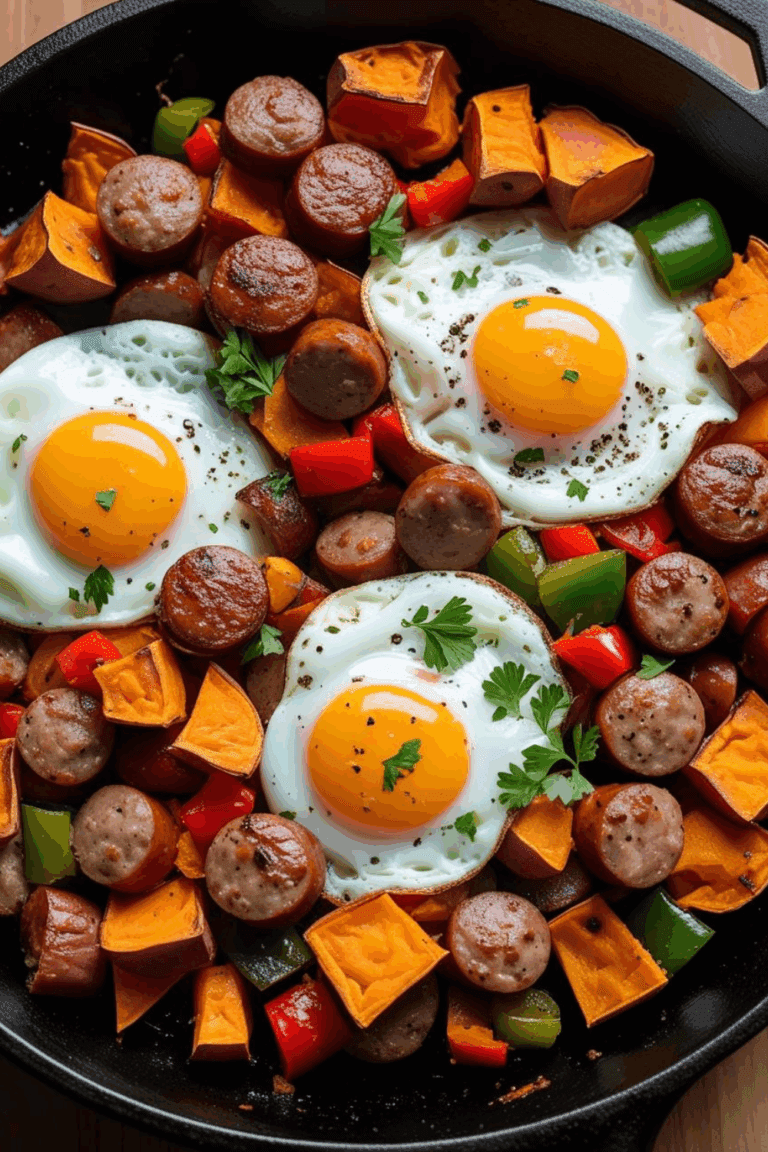 Cast iron skillet filled with sausage, sweet potatoes, red and green bell peppers, and fried eggs