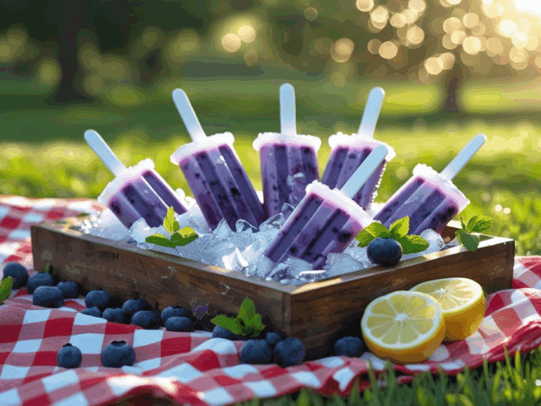 Wooden tray of blueberry yogurt popsicles on ice at a picnic with blueberries, lemon, and mint