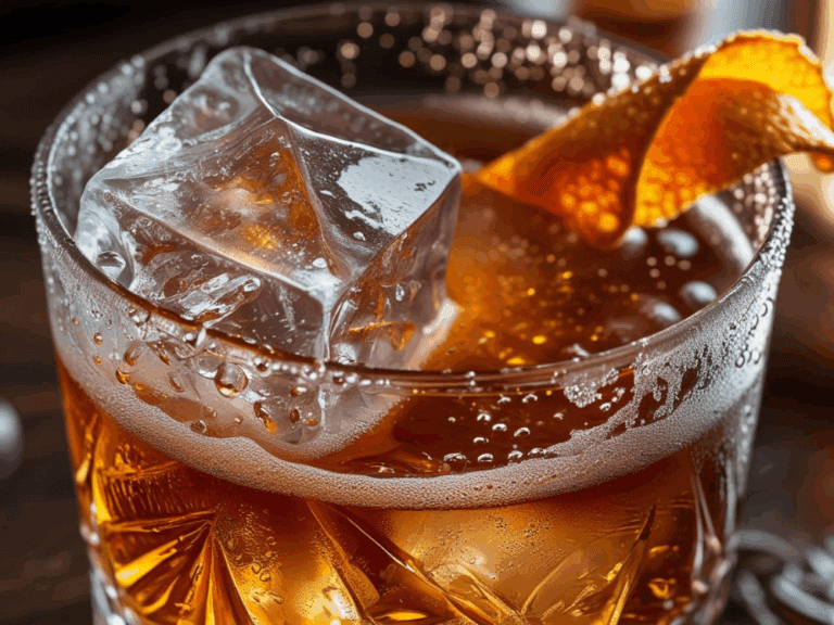 Close-up of a cold Old Fashioned cocktail with visible ice and condensation.
