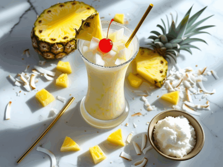 Elegant Piña Colada in hurricane glass with scattered pineapple and coconut around