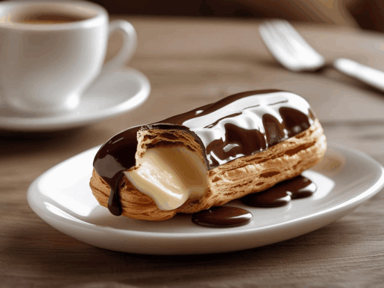 Chocolate éclair with vanilla custard filling on plate and coffee in background