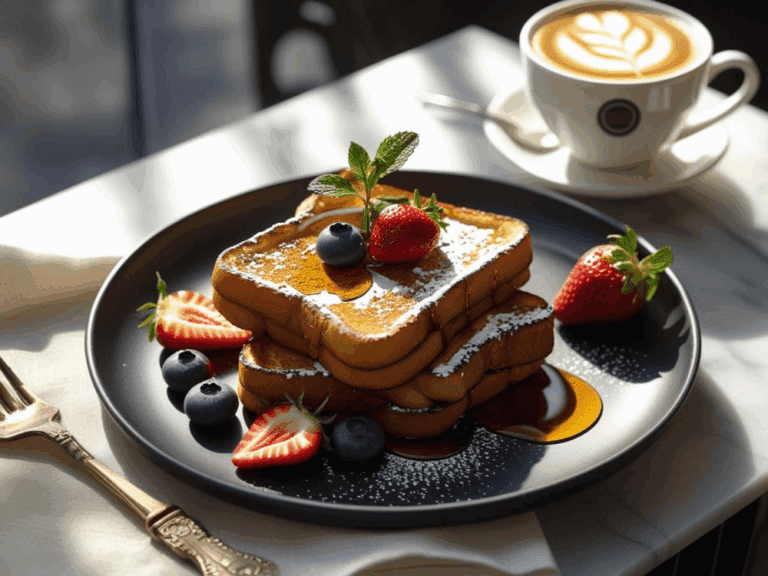 French toast topped with fresh strawberries and blueberries, served with coffee and sunlight streaming in