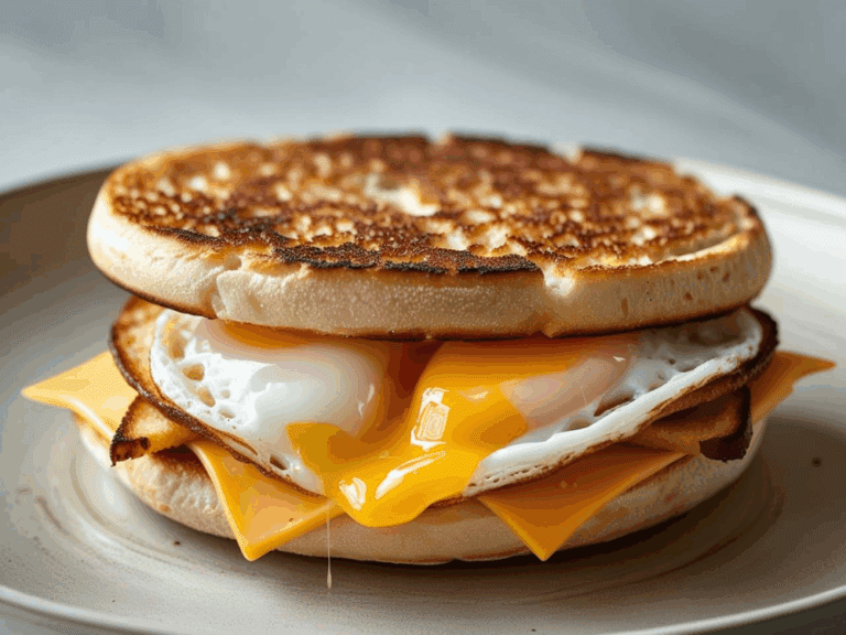 English muffin sandwich with crispy edges, runny yolk, cheddar cheese, and bacon