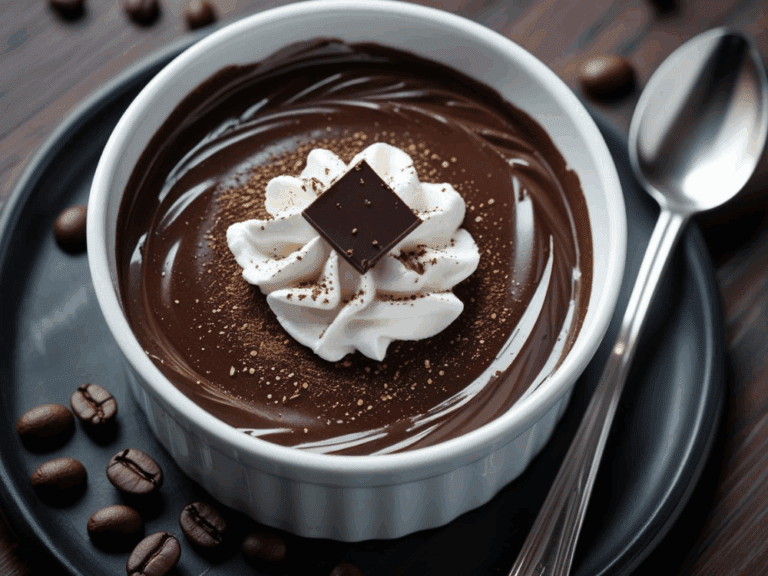 White ramekin filled with glossy espresso chocolate pudding, topped with whipped cream, cocoa powder, and a square of dark chocolate.