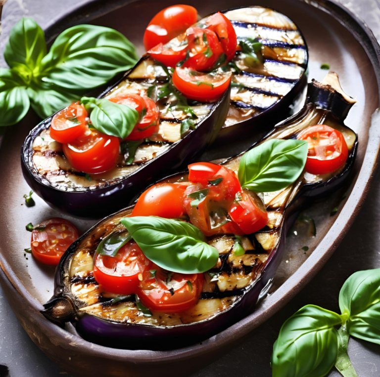 Grilled eggplant halves topped with a vibrant mixture of cherry tomatoes and basil, served on a rustic earthenware platter.