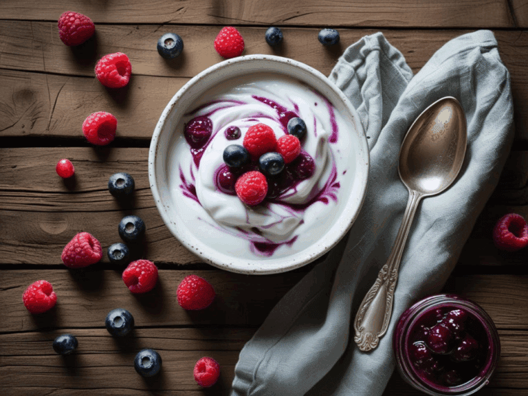 Overhead view of a bowl of berry swirl yogurt surrounded by scattered blueberries and raspberries on a wooden surface.