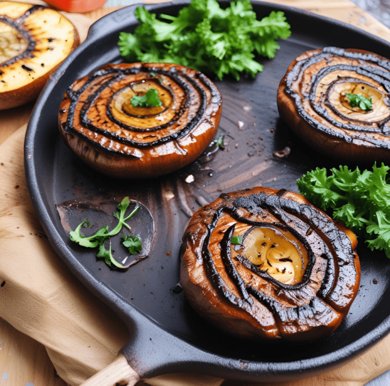 Grilled Portobello mushrooms with grill marks, garnished with fresh parsley, on a black grilling pan.