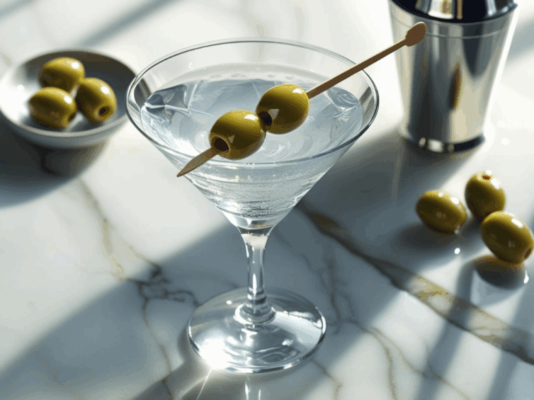 Side view of a classic vodka martini on a marble surface, garnished with two green olives, with cocktail shaker and scattered olives in the background.