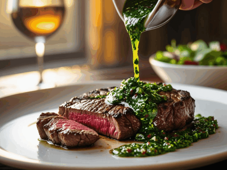 Chimichurri sauce being poured over a grilled steak on a dinner plate
