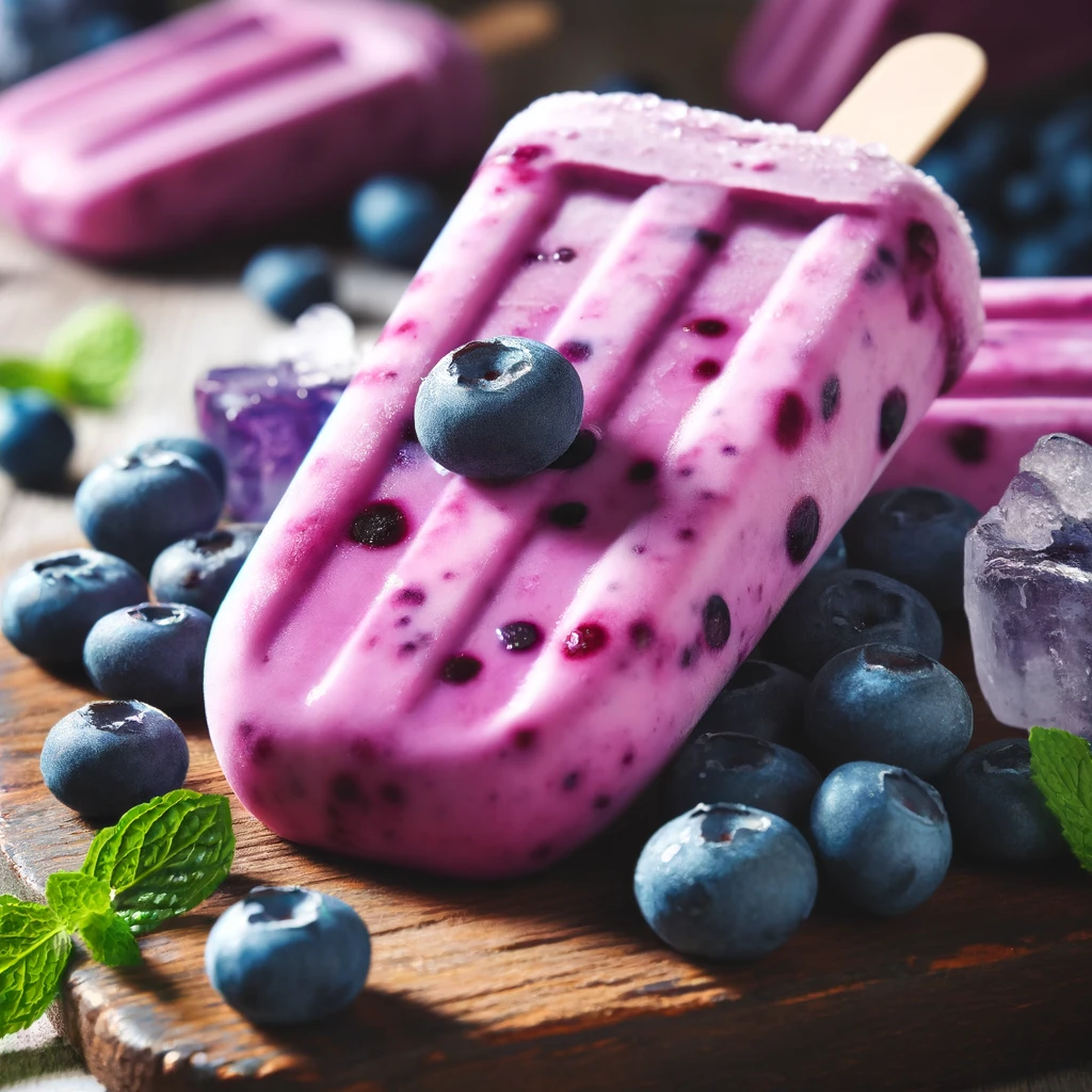 Close-up of a vibrant Blueberry Yogurt Popsicle on a wooden board, surrounded by fresh blueberries and mint leaves, showcasing a refreshing and healthy summer treat.