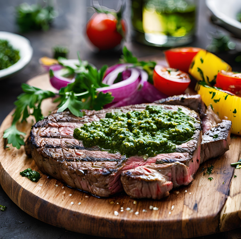 Juicy grilled steak topped with a thick layer of chimichurri sauce on a wooden board, surrounded by fresh vegetables like red onions, yellow bell peppers, and tomatoes.