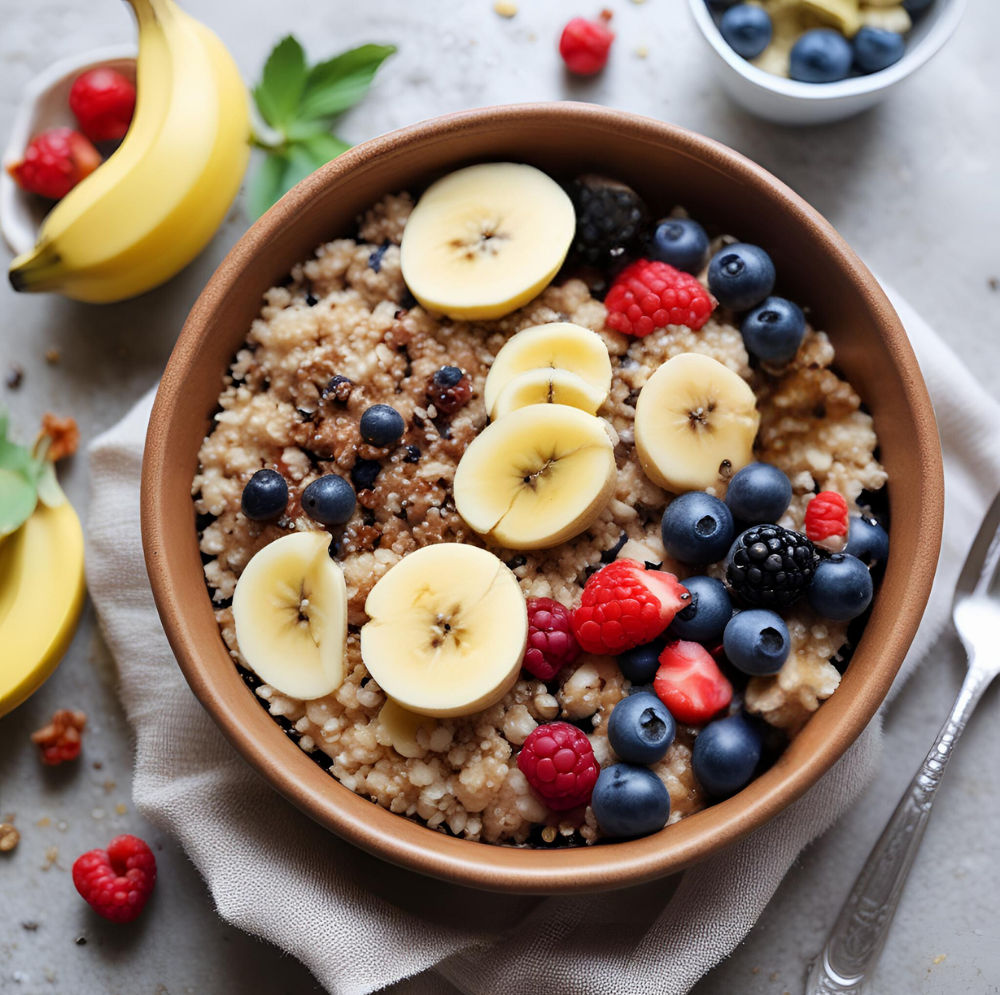 Quinoa Breakfast Bowl with sliced bananas, fresh berries (strawberries, blueberries, raspberries), and granola, served in a brown bowl on a light gray surface. A nutritious and delicious breakfast option perfect for busy mornings and clean eating enthusiasts.