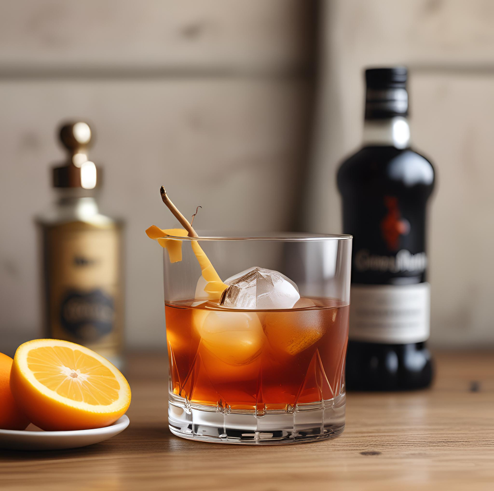 An Old Fashioned cocktail in a crystal glass garnished with an orange peel twist, with bottles and a sliced orange in the background.