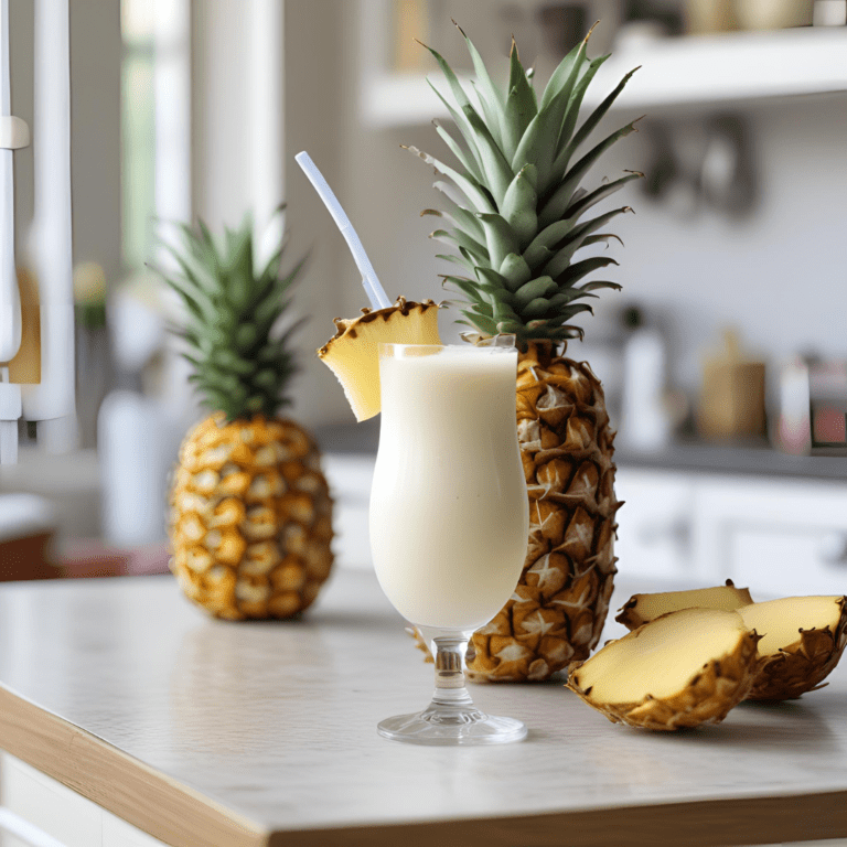 A creamy Easy Piña Colada garnished with a pineapple slice, served in a glass with a straw, set on a kitchen countertop with fresh pineapples in the background.