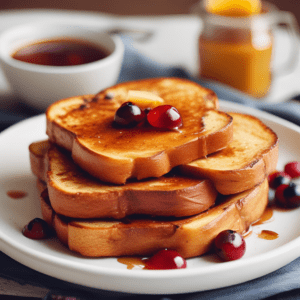 A stack of golden brown Classic French Toast topped with cranberries and drizzled with maple syrup, served with a side of coffee and a jar of honey.