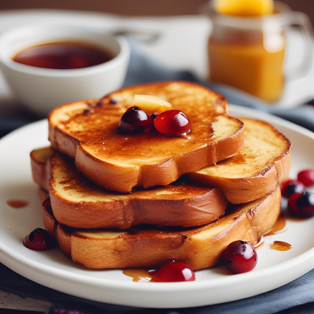 A stack of golden brown Classic French Toast topped with cranberries and drizzled with maple syrup, served with a side of coffee and a jar of honey.