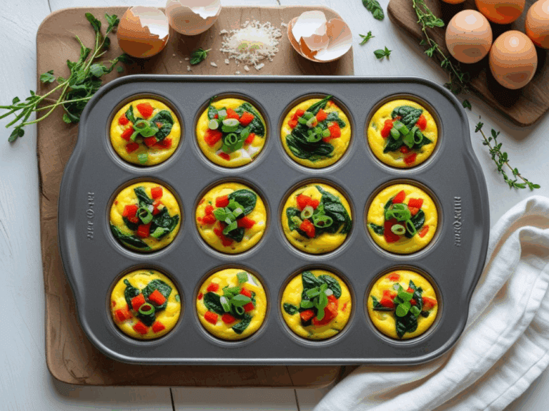 A 12-cup muffin tin filled with freshly baked egg muffins topped with spinach and red bell pepper, styled with eggs and herbs.