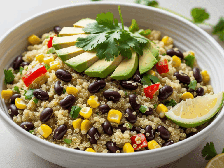 Bowl of quinoa and black bean salad topped with avocado slices, cilantro, and a lime wedge, presented in a white ribbed bowl.