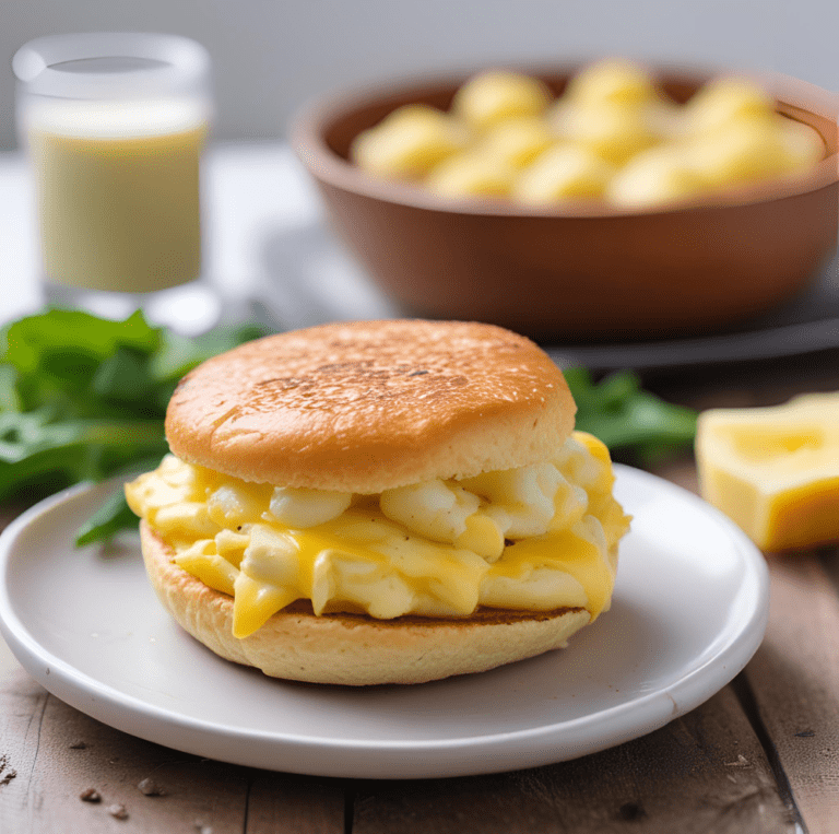 Egg and Cheese Breakfast Sandwich on a white plate with fresh greens in the background.