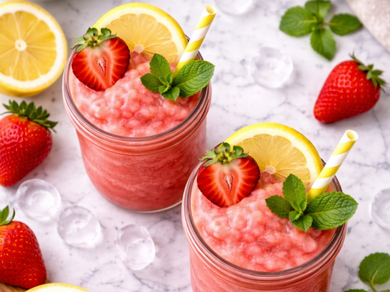 Overhead flat lay of two strawberry lemonade slushies in mason jars surrounded by strawberries, lemon, mint, and ice.