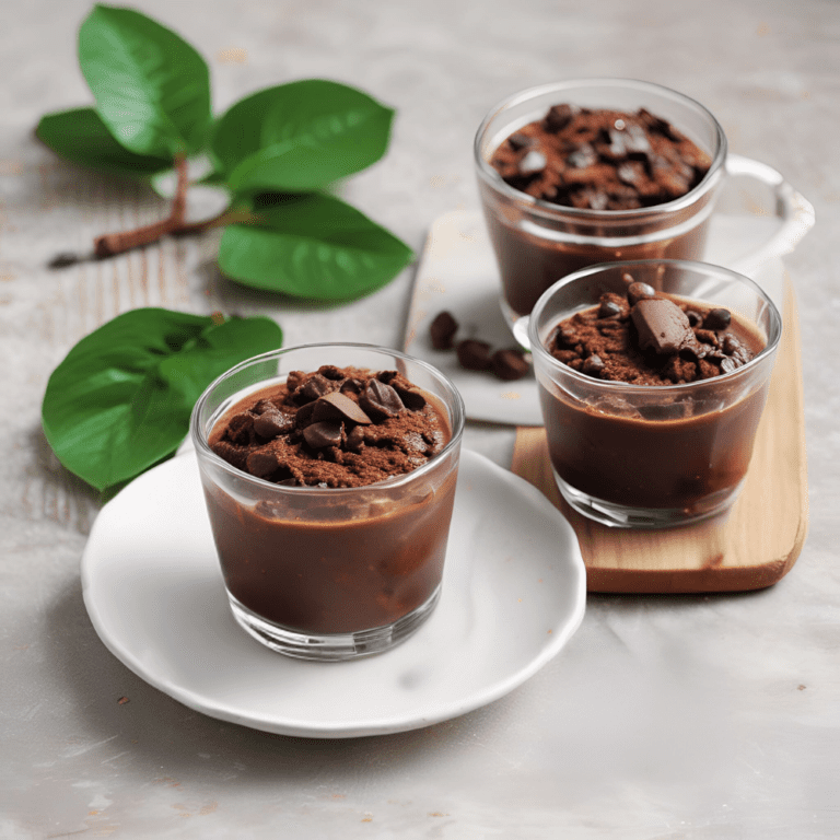 Three glass cups of rich espresso chocolate pudding, topped with chocolate chunks, displayed on a white plate and wooden board with green leaves in the background. This decadent dessert is perfect for chocolate and coffee lovers. Discover the full recipe and more delicious dessert ideas on our blog, "Satisfy Your Cravings." #EspressoChocolatePudding #DessertRecipes #FoodBlog #SatisfyYourCravings