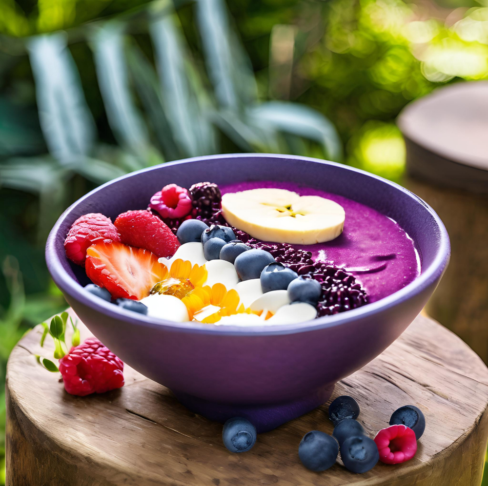 A beautifully arranged acai bowl in a purple bowl, topped with fresh strawberries, blueberries, raspberries, blackberries, banana slices, and edible flowers, set on a rustic wooden surface with greenery in the background.