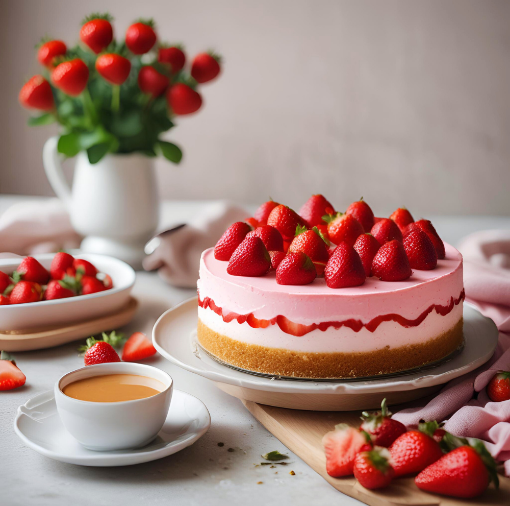 A whole strawberry cheesecake with a pink layer in the middle, topped with fresh strawberries, and a cup of tea in the foreground.