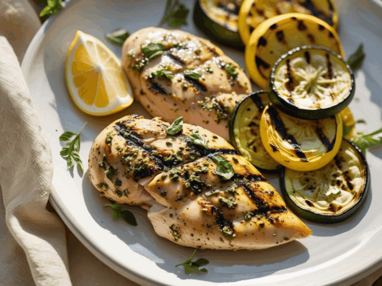 Close-up of sliced grilled chicken breast and vibrant grilled vegetables on a white Close-up of sliced grilled chicken breast and vibrant grilled vegetables on a white plate.