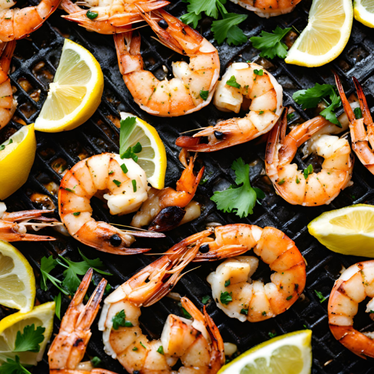 Close-up of grilled shrimp with garlic and lemon, garnished with fresh parsley and lemon wedges on a grill. This vibrant and flavorful seafood dish is perfect for summer barbecues and healthy dinners. Find the full recipe and more delicious meals at Satisfy Your Cravings. #GrilledShrimp #HealthyRecipes #SeafoodDelights #SatisfyYourCravings