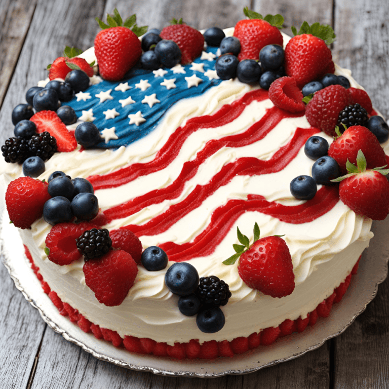 Beautiful Patriotic Flag Cake decorated with fresh strawberries, blueberries, raspberries, and blackberries. Perfect for Fourth of July celebrations, this festive cake features red, white, and blue designs. Find the full recipe on Satisfy Your Cravings food blog at Satisfyyourcravings.com.