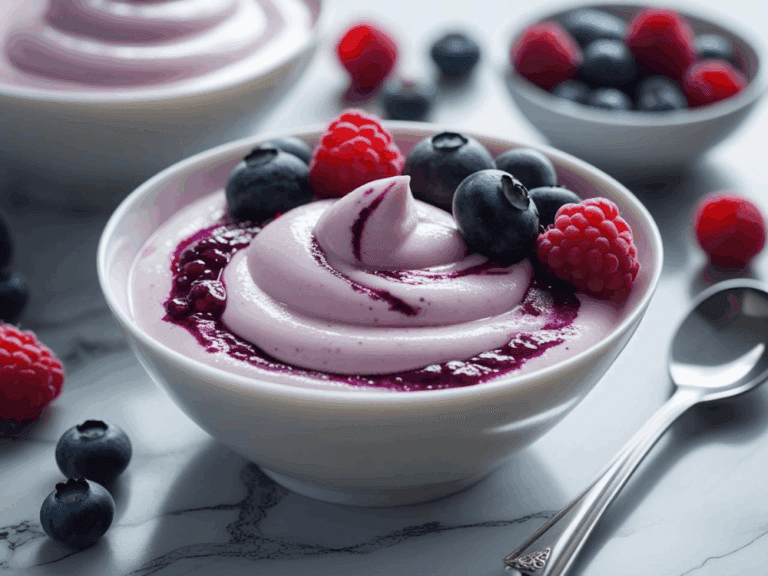 Swirled frozen yogurt with blueberry and raspberry garnish on a marble surface with fresh berries and a silver spoon.