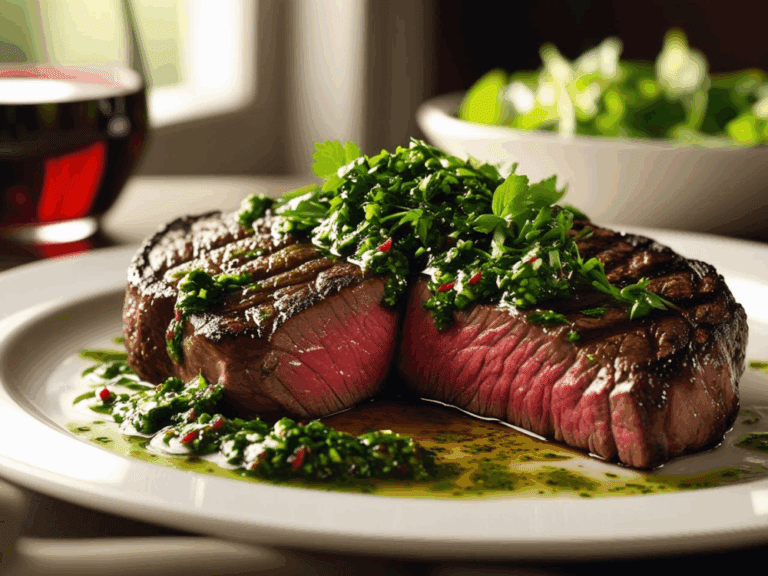 Grilled steak with chimichurri on a white plate with wine and salad in the background