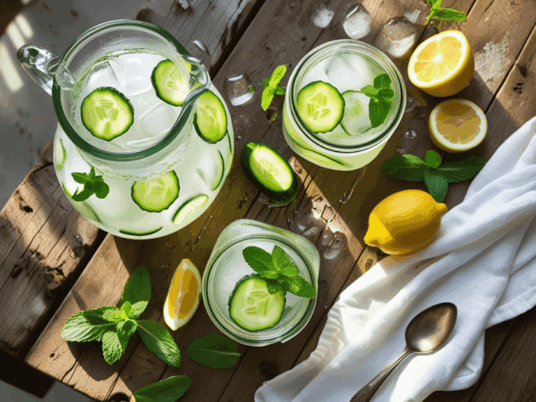 Overhead view of a glass pitcher and jars filled with cucumber lemonade surrounded by lemons, mint, and ice cubes