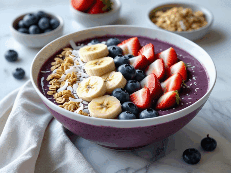 Close-up angle of acai bowl with strawberries, bananas, and blueberries in a white bowl