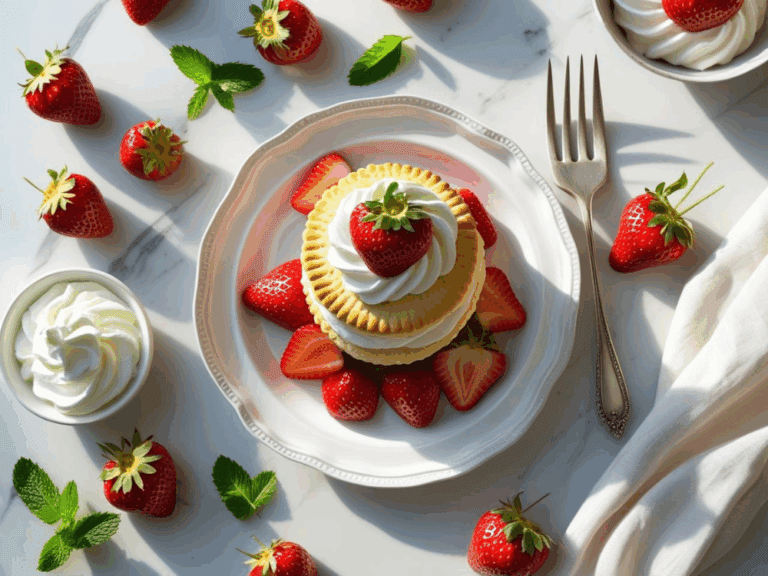Top-down view of a strawberry shortcake with whipped cream, mint, and fresh strawberries on a white plate.