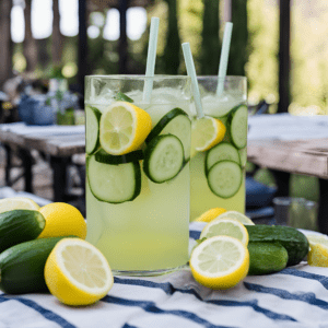 Two tall glasses of cucumber lemonade with cucumber and lemon slices, surrounded by fresh ingredients.