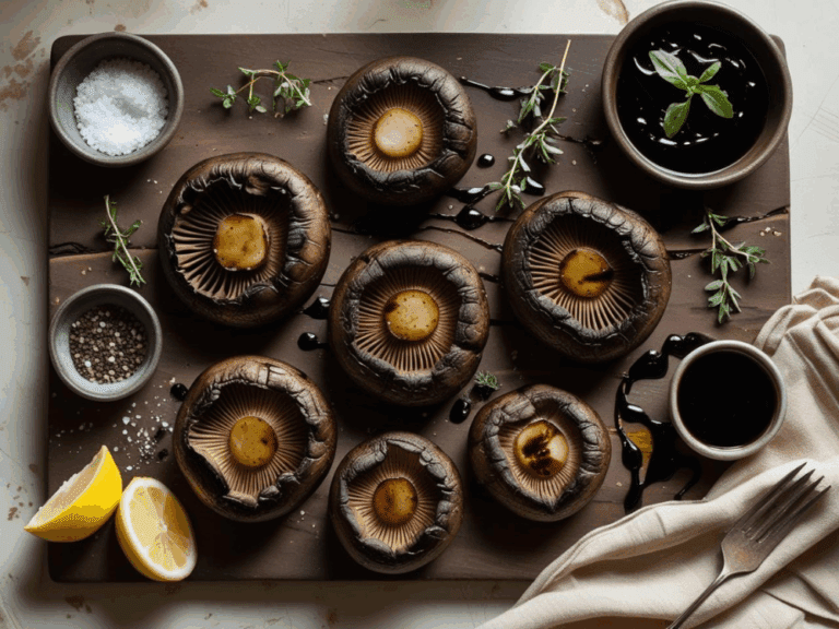 Flat lay of grilled portobello mushrooms on a wooden board with bowls of seasoning, lemon wedges, and balsamic drizzle