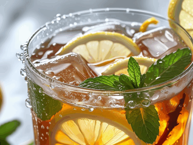 Detailed macro view of iced tea with fresh mint leaves and lemon slices in a glass with ice