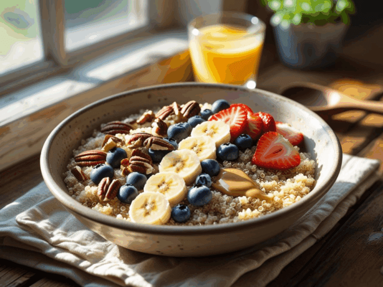 Rustic quinoa breakfast bowl with banana, strawberries, blueberries, and pecans on a wooden surface