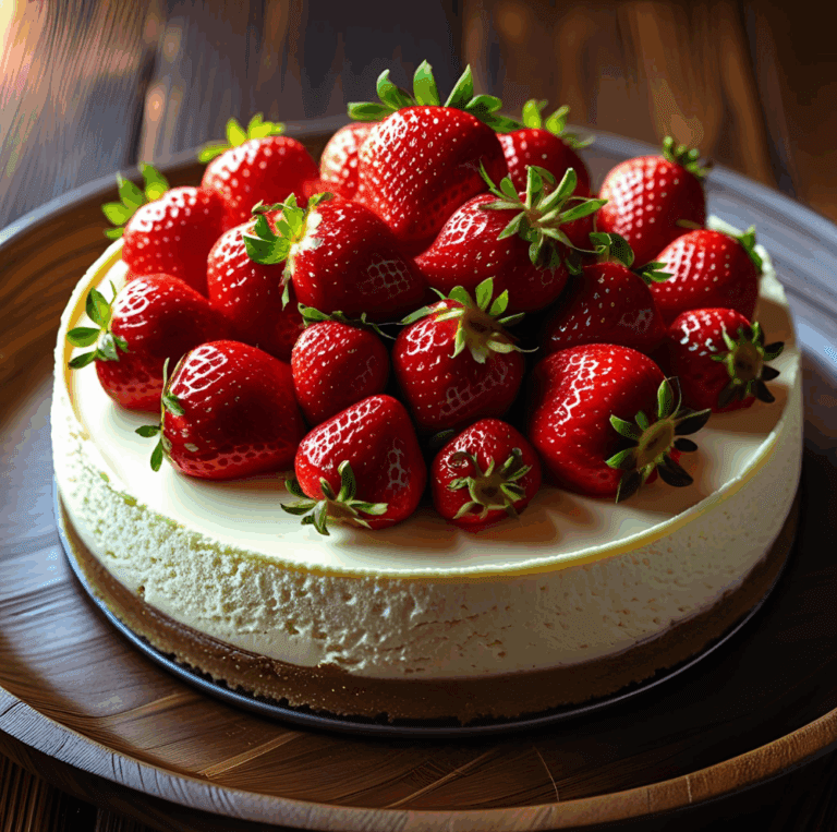 Whole strawberry cheesecake generously topped with whole strawberries.